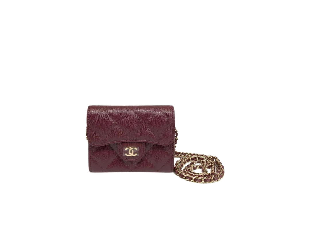 Chanel Chanel Card Holder Xl With Chain In Burgundy Caviar With Gold Hardware