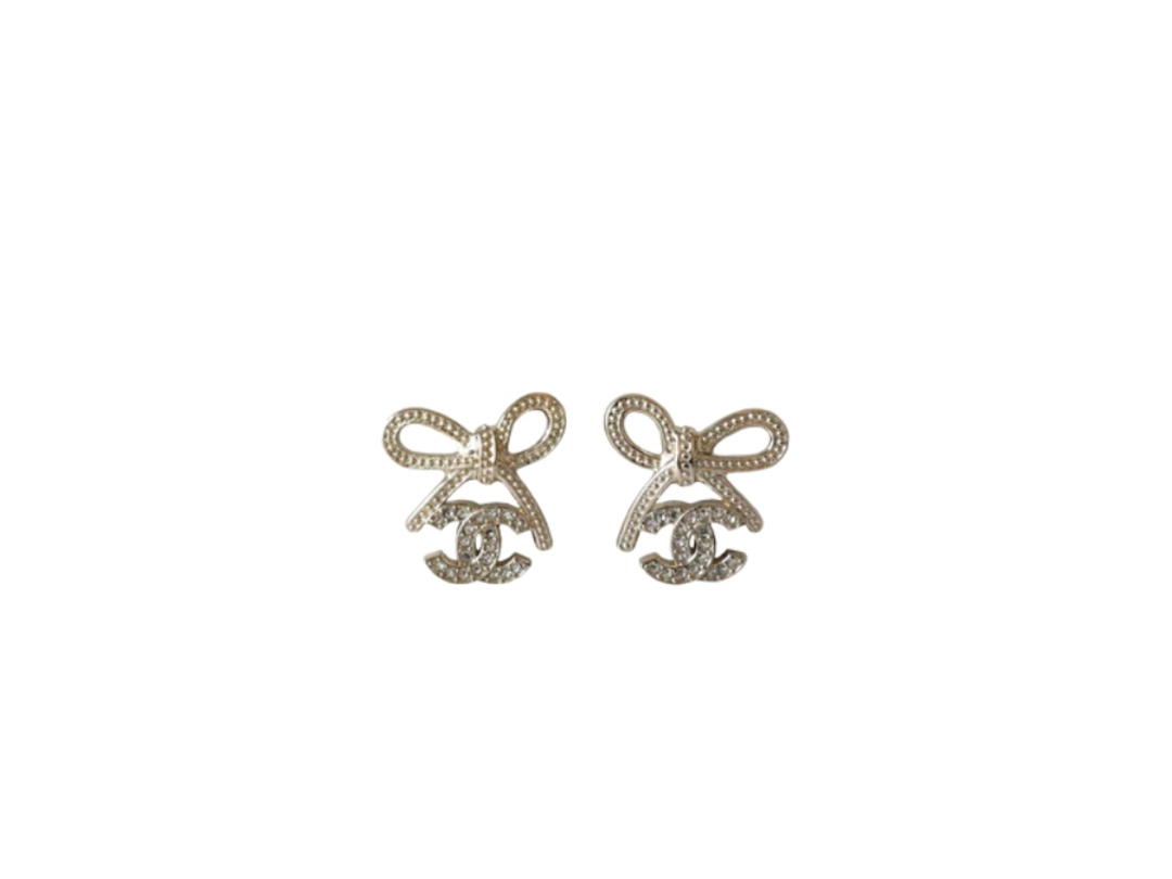 Chanel Chanel CC Crystal Strass Bow Stud Earrings Gold