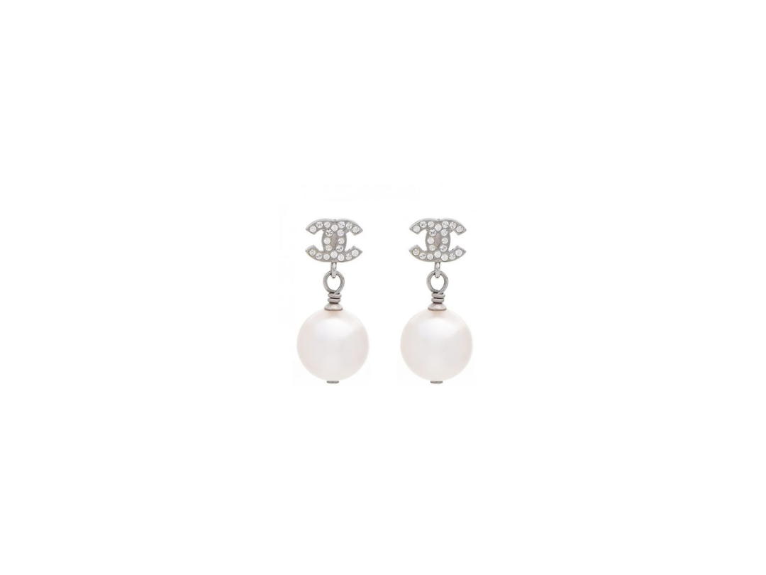 Chanel Chanel CC Drop Earrings Crystal Pearl Silver
