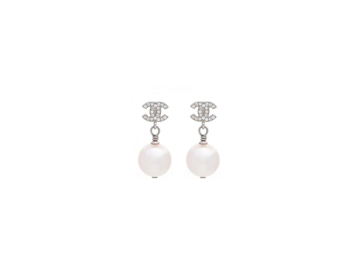 Chanel Chanel CC Drop Earrings Crystal Pearl Silver