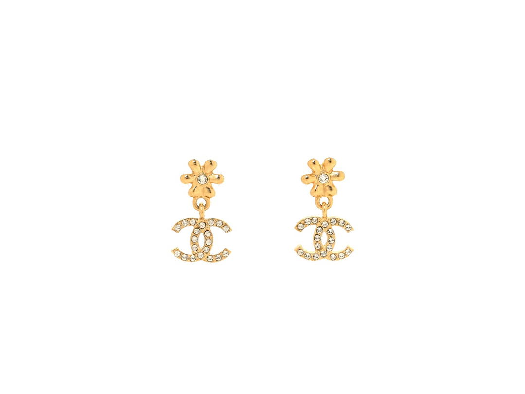 Chanel Chanel CC Flower Drop Earrings Gold Crystal