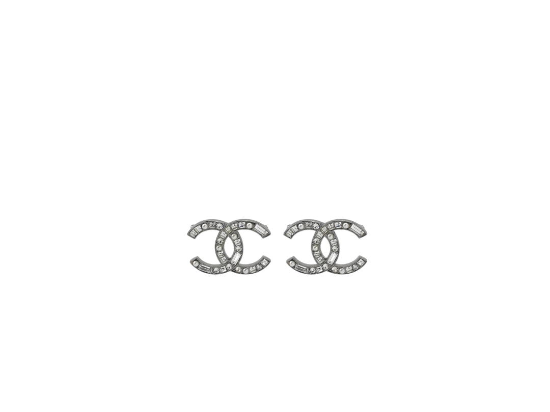Chanel Chanel Gunmetal CC Baguette Princess Crystal Pearl Large Piercing Earrings