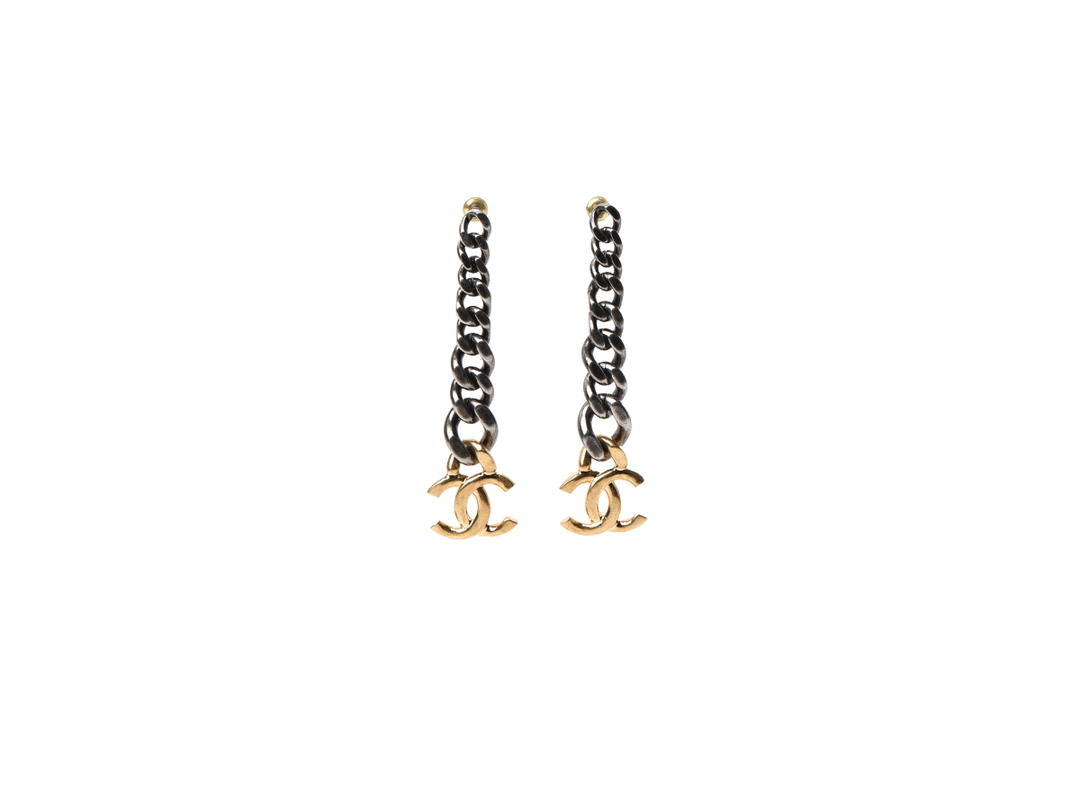Chanel Chanel Metal CC Pick Drop Earrings Ruthenium Gold