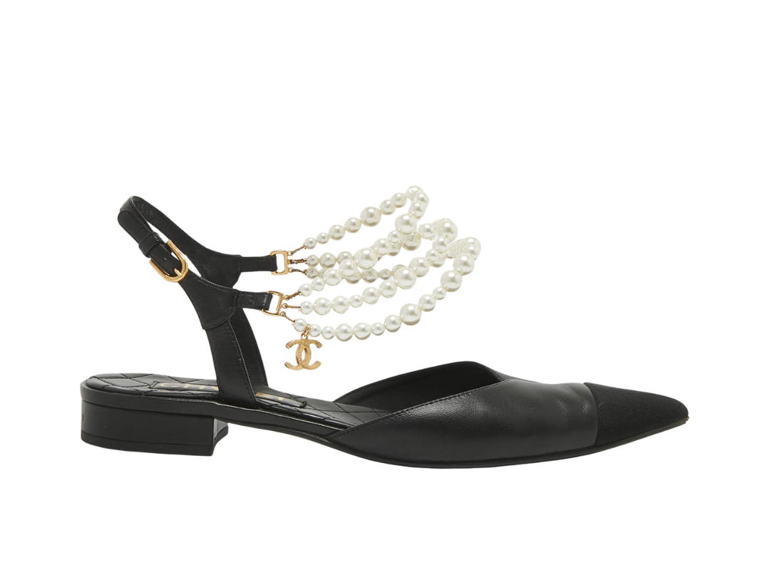 Chanel Chanel Cap Toe Faux Pearls Ankle Strap Flats Black (Women's)