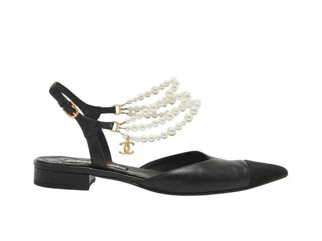 Chanel Chanel Cap Toe Faux Pearls Ankle Strap Flats Black (Women's) - view 1