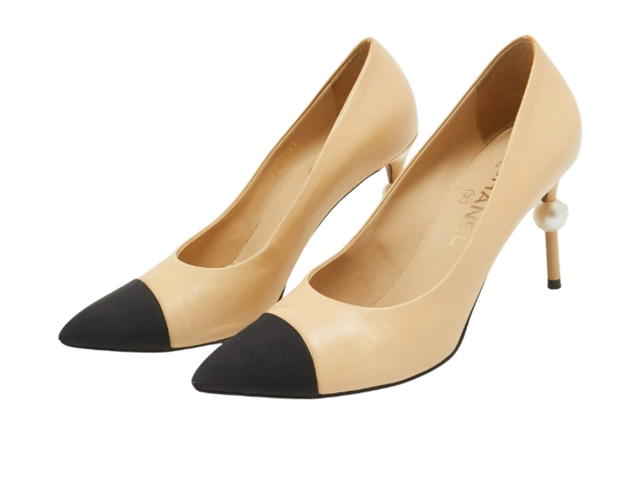 Chanel Chanel Faux Pearl Cap Toe Pointed Toe Pumps Beige Black - view 2