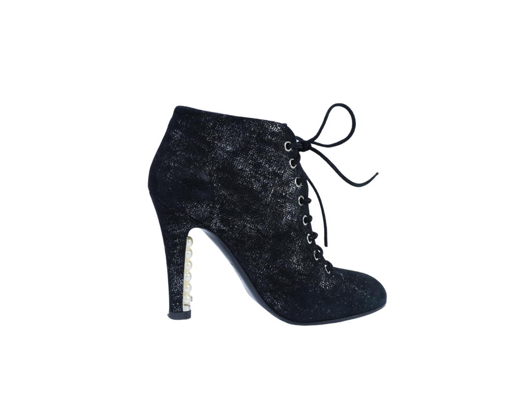 Chanel Chanel Suede Pearl Heel Lace Up Ankle Boots Black Silver (Women's)