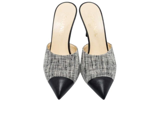 Chanel Chanel Tweed Goatskin Pearl Mules In Tweed And Leather With Pointed Cap Toe CC Pearl Black White - view 5