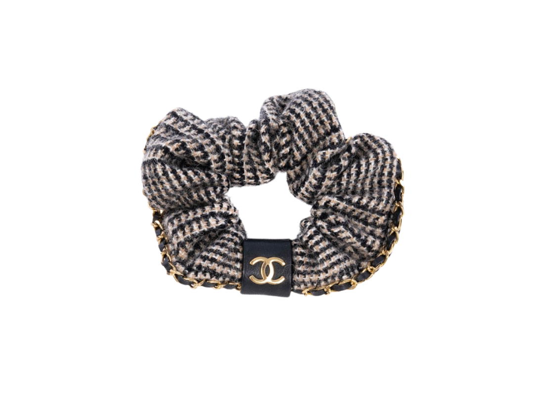 Chanel Chanel 22k Hair In Tie Tweed Beige Ecru Black And Leather Chain Detail Scrunchie With Gold Hardware