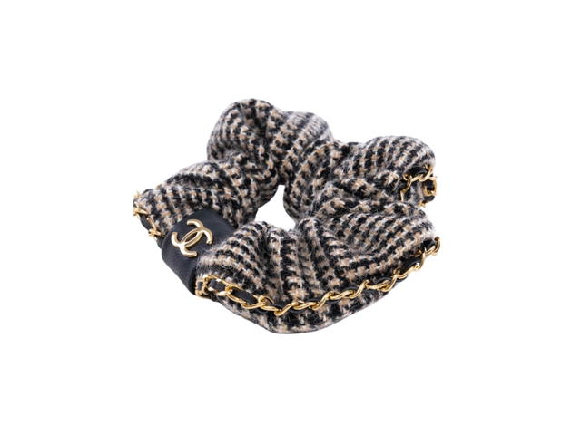 Chanel Chanel 22k Hair In Tie Tweed Beige Ecru Black And Leather Chain Detail Scrunchie With Gold Hardware - view 2