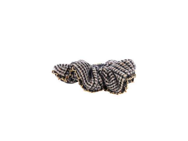 Chanel Chanel 22k Hair In Tie Tweed Beige Ecru Black And Leather Chain Detail Scrunchie With Gold Hardware - view 3