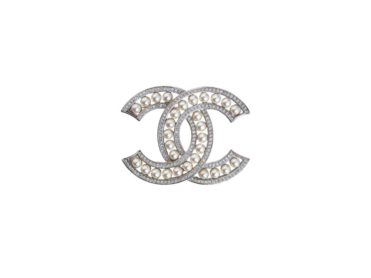 Chanel Chanel Crystal Embellished Faux Pearl CC Brooch Silver