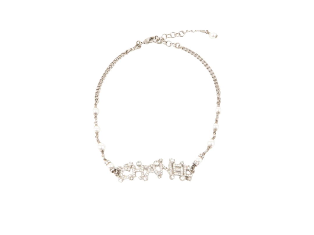 Chanel Chanel Necklace Pendant Choker CC In Silver Rhinestone Pearl With Silver Hardware
