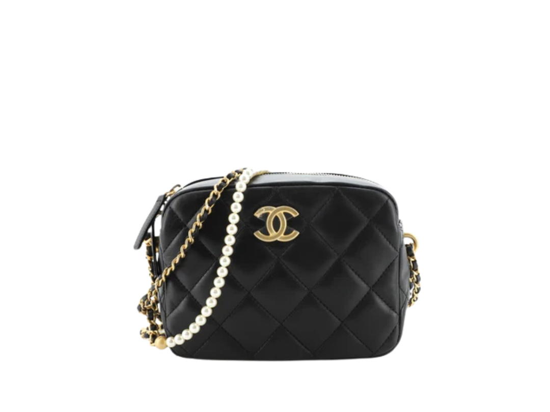Chanel Chanel Adjustable Chain Camera Bag Quilted Lambskin with Pearls Small Black