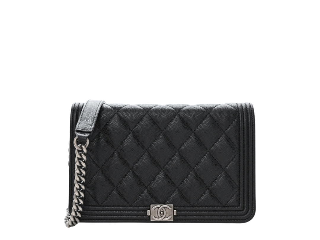 Chanel Chanel Boy Wallet On Chain In Black Caviar Quilted With Silver Hardware