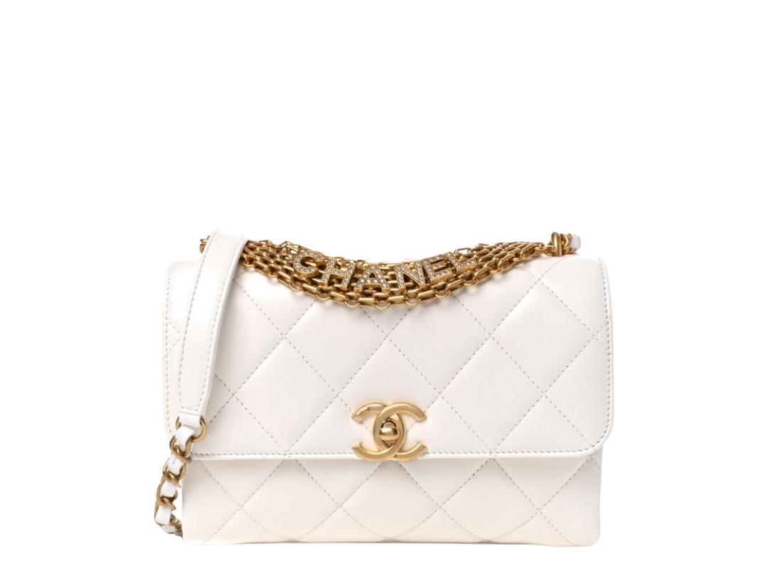 Chanel Chanel CC Crystal Logo Chain Flap In Lambskin Quilted With Gold Hardware White