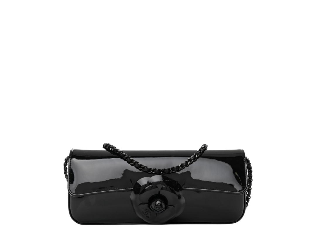 Chanel Chanel Camellia E/W Flap In Black Patent Calfskin With Black Metal Hardware So Black