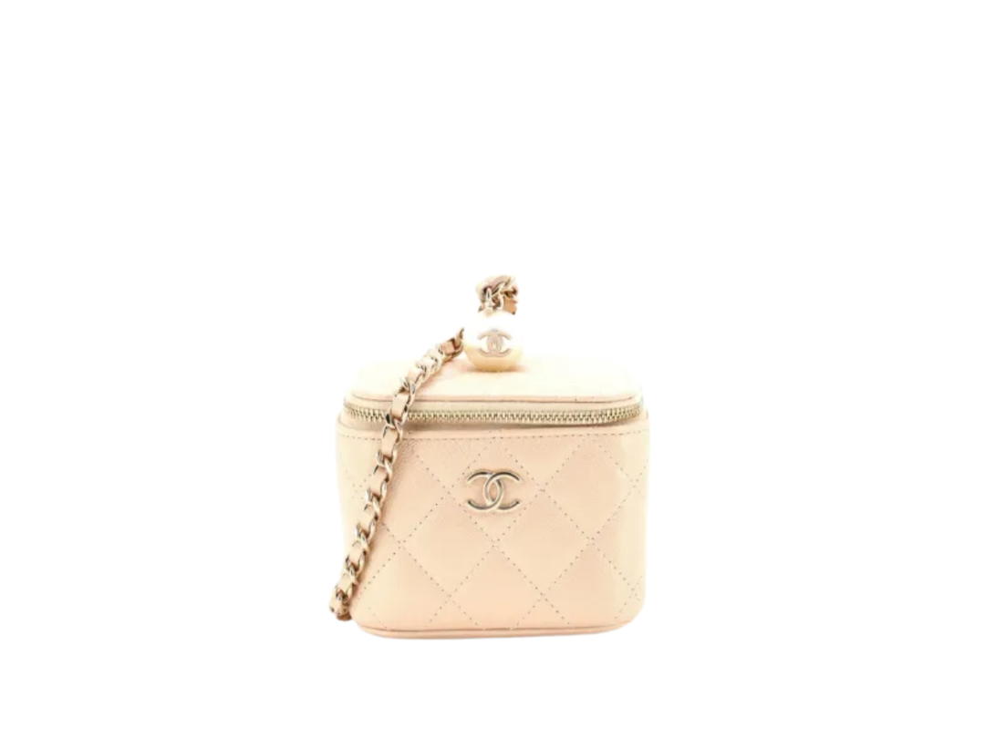 Chanel Chanel Classic Pearl Vanity Case With Chain Quilted Caviar Mini Clutch Bag Pinkish Beige