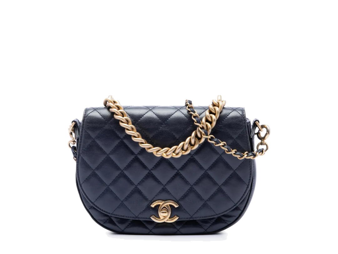 Chanel Chanel CC Quilted Lambskin Chain Handle Half Moon Flap Satchel Blue