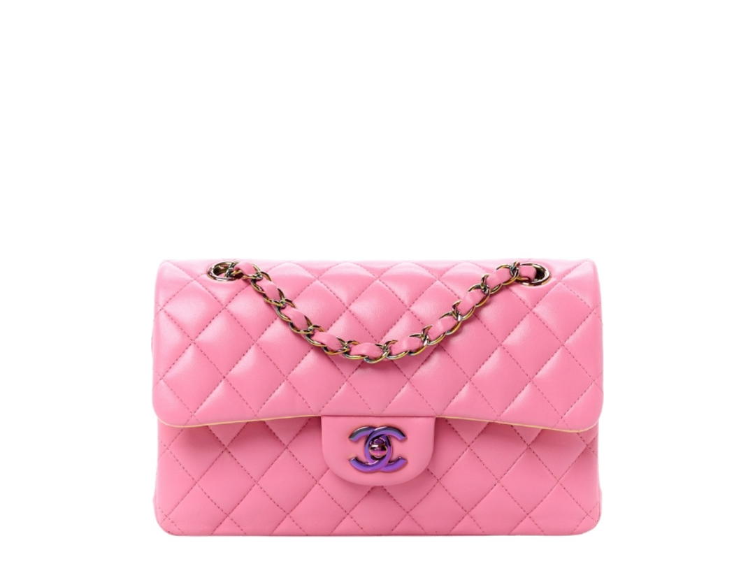 Chanel Chanel Classic Single Flap Bag In Pink And Yellow Lambskin With Rainbow Hardware
