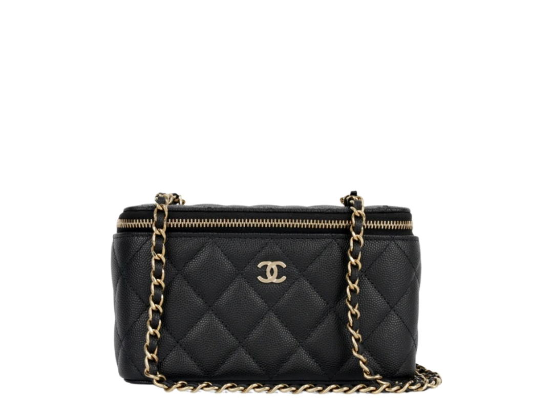Chanel Chanel CC Top Handle Long Vanity Case With Chain In Black Shiny Caviar With Light Gold Hardware