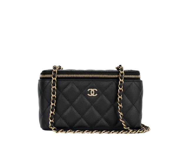 Chanel Chanel CC Top Handle Long Vanity Case With Chain In Black Shiny Caviar With Light Gold Hardware - view 1