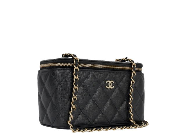 Chanel Chanel CC Top Handle Long Vanity Case With Chain In Black Shiny Caviar With Light Gold Hardware - view 2