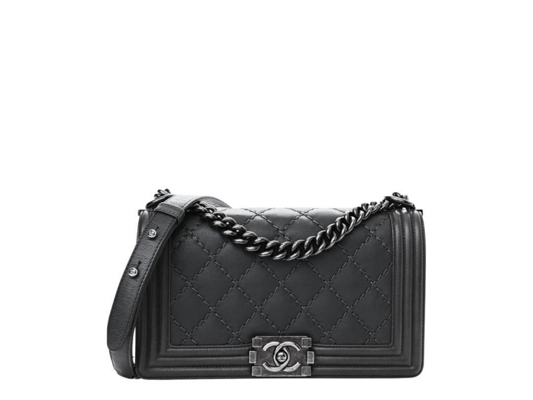 Chanel Chanel Double Stitch Medium Boy Flap In Calfskin With Silver Metal Hardware Black