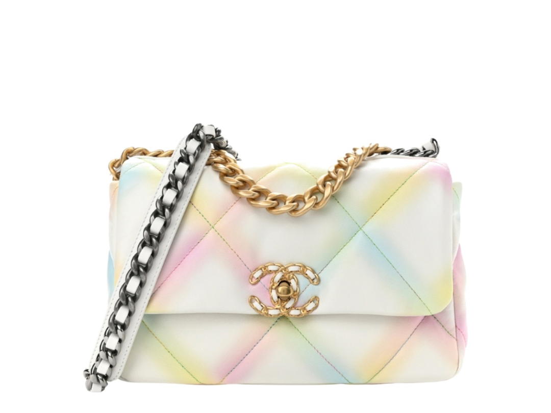 Chanel Chanel Medium Chanel 19 Flap In Printed Goatskin Quilted White Multicolor With Gold And Silver Hardware