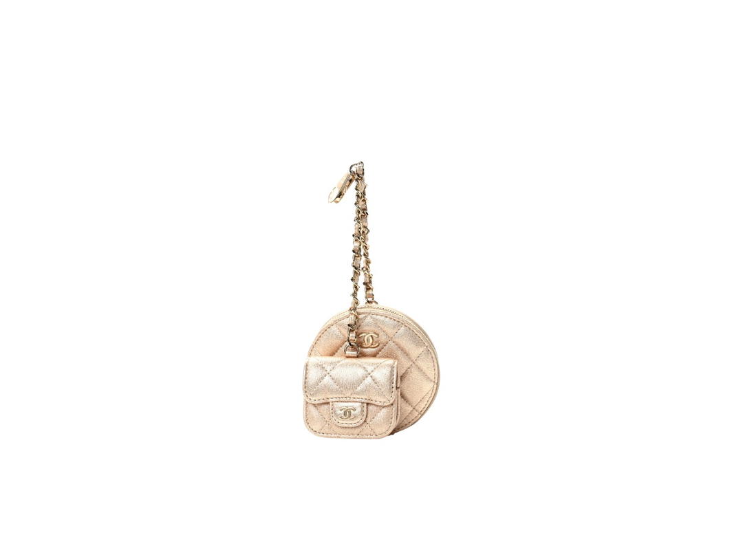 Chanel Chanel Round Clip On Coin Purse Airpods Case In Metallic Lambskin With Gold-Tone Hardawre