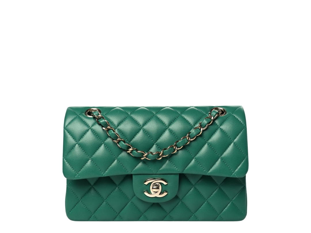 Chanel Chanel Small Double Flap In Green Lambskin With Gold Hardware Green