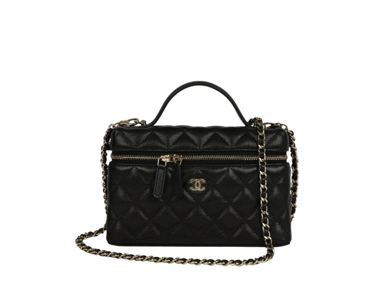 Chanel Chanel Top Handle Long Vanity Case with Chain Black Shiny Caviar Light Gold Hardware