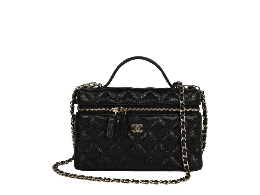 Chanel Chanel Top Handle Long Vanity Case with Chain Black Shiny Lambskin Gold Hardware