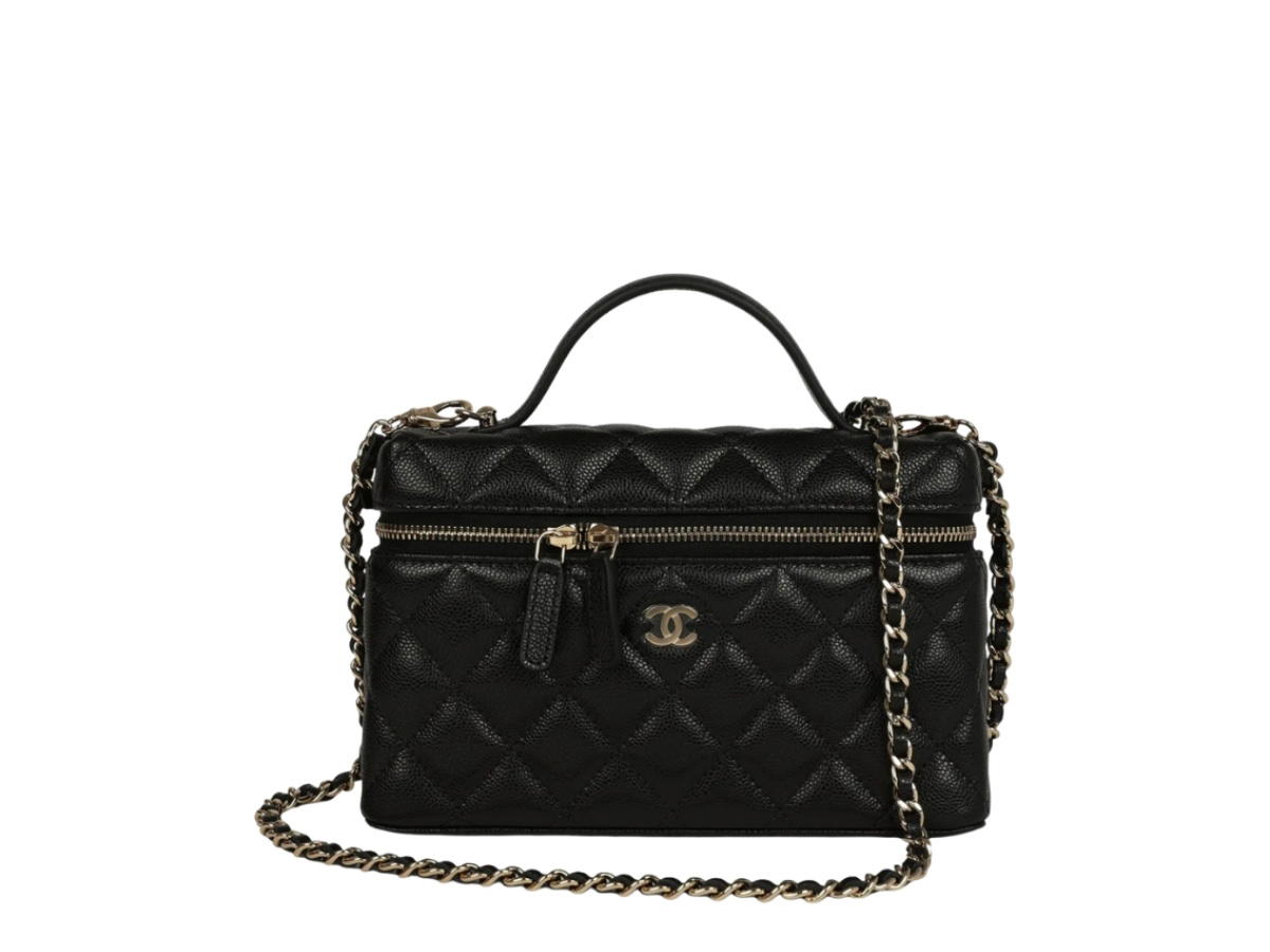 Chanel Chanel Top Handle Long Vanity Case with Chain Black Shiny Lambskin Gold Hardware