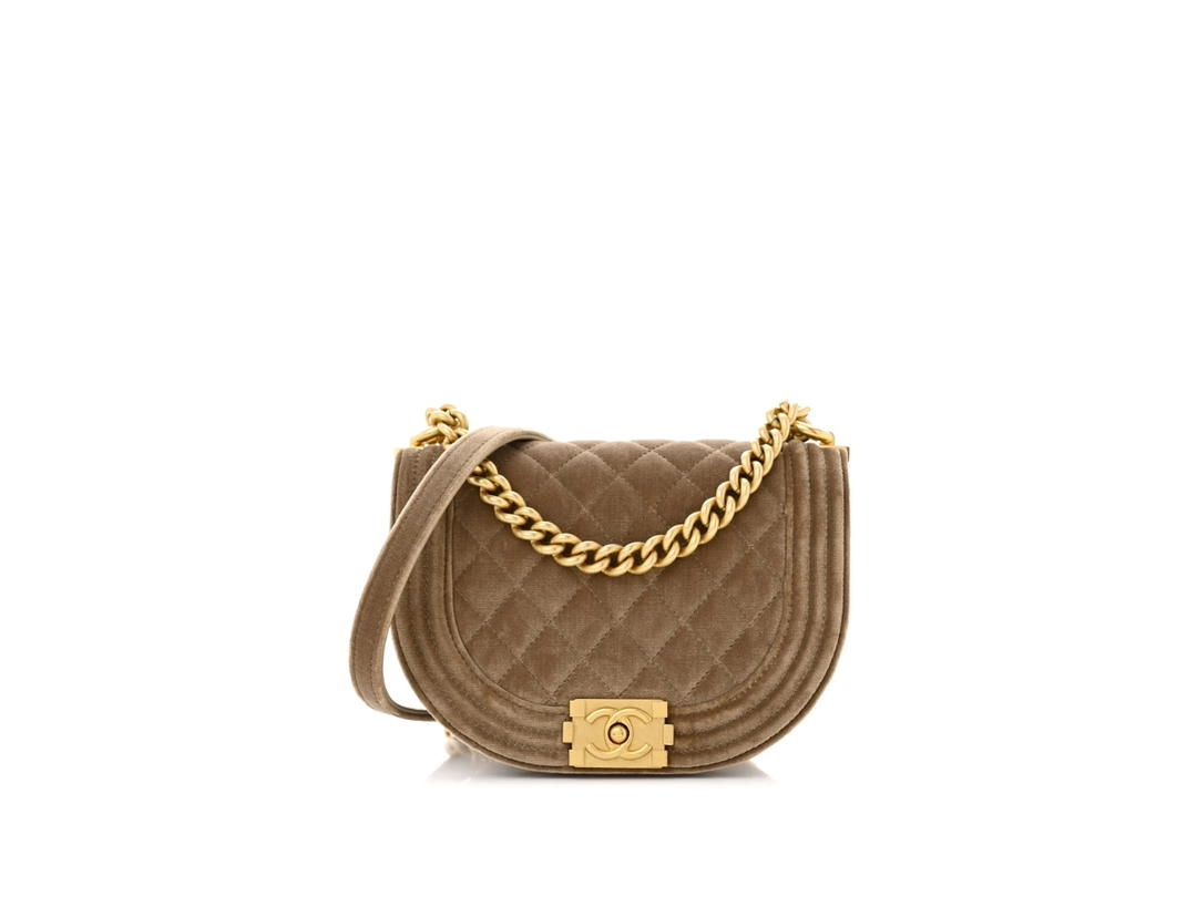 Chanel Chanel Velvet Quilted Small Boy Messenger Bag Beige