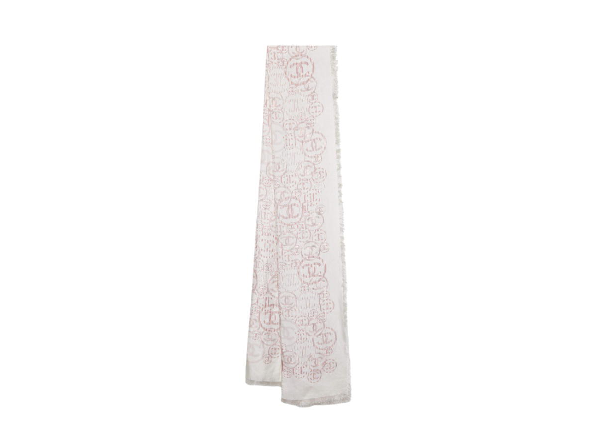 Chanel Chanel Logo Printed Silk Fringed Scarf Off White