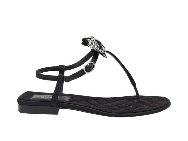 Chanel Chanel Grosgrain Velvet Crystal Bow Thong Sandals Black - view 1