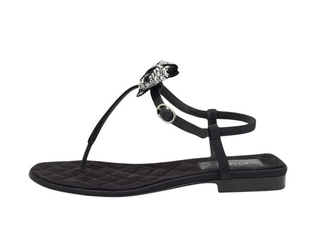 Chanel Chanel Grosgrain Velvet Crystal Bow Thong Sandals Black - view 2