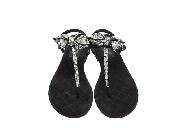 Chanel Chanel Grosgrain Velvet Crystal Bow Thong Sandals Black - view 4