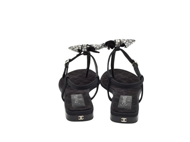 Chanel Chanel Grosgrain Velvet Crystal Bow Thong Sandals Black - view 5