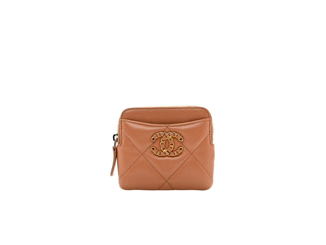 Chanel Chanel 19 Zip Card Holder Wallet In Gold Hardware With Brown