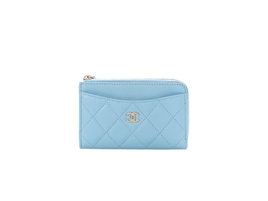 Chanel Chanel Caviar Quilted CC Zip Around Card Holder Light Blue