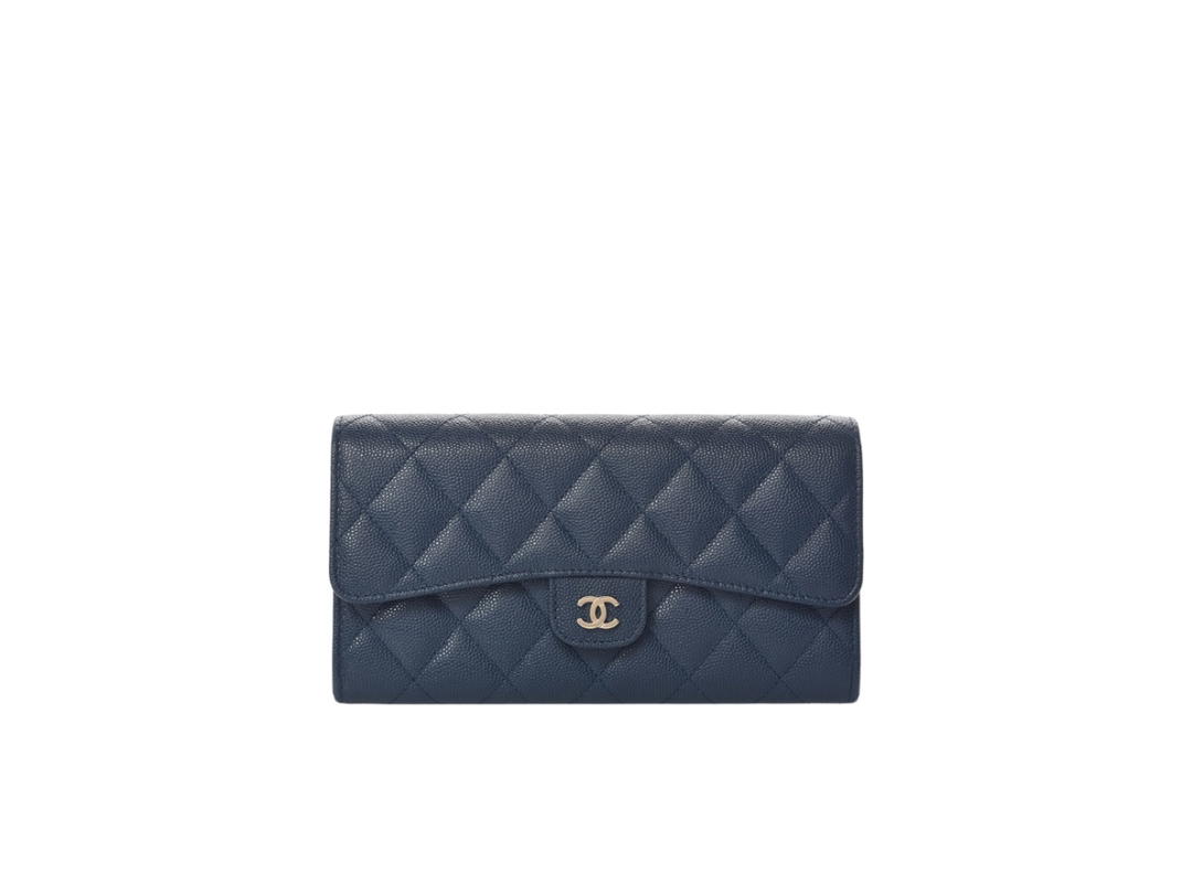 Chanel Chanel Large Gusset Flap Wallet In Navy Caviar With Gold Hardware