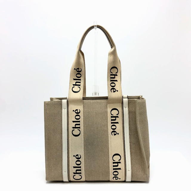 Chloé Chloe logo Woody Medium Hand Bag Tote Bag Canvas Beige - view 2