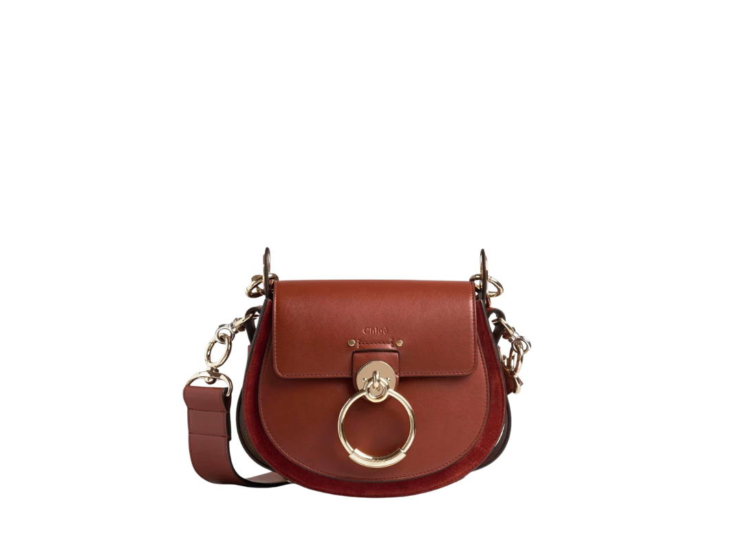 Chloé Chloe Small Tess Bag In Shiny-Suede Calfskin Leather With Gold-Silver Hardware Sepia Brown