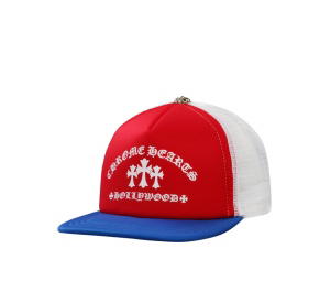 Buy Chrome Hearts Cemetery Cross Hollywood Trucker Hat Red White Blue at Sasom – Authentic and Ready to Ship