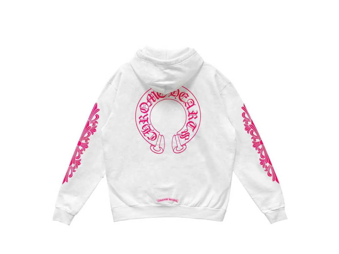 Chrome Hearts Chrome Hearts Pink Horseshoe Floral Sleeve Pullover Hoodie White