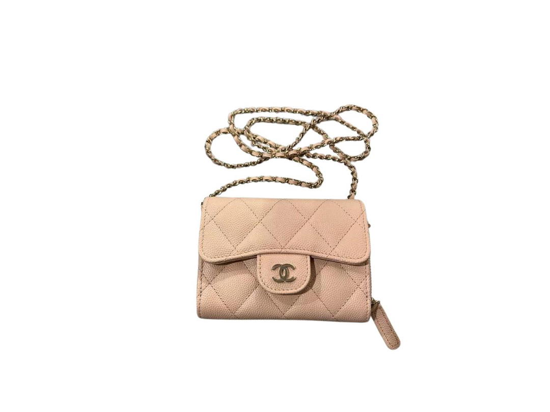 Chanel Classic Zipped Flap Card Holder With Chain In Grained Calfskin With Gold-Tone Metal Light Beige