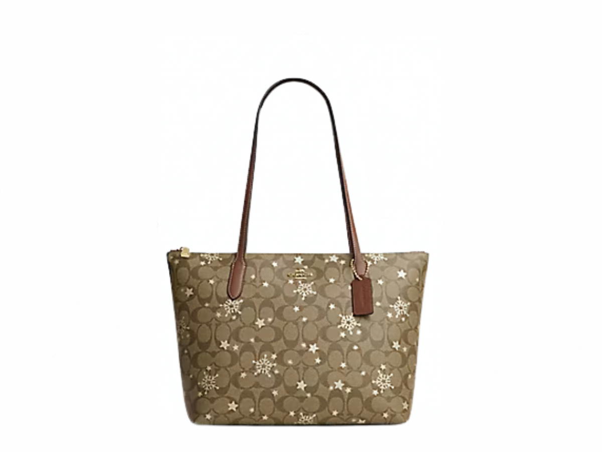 Coach Coach Zip Top Tote In Signature Canvas With Star And Snowflake Print Khaki Saddle Gold Multi