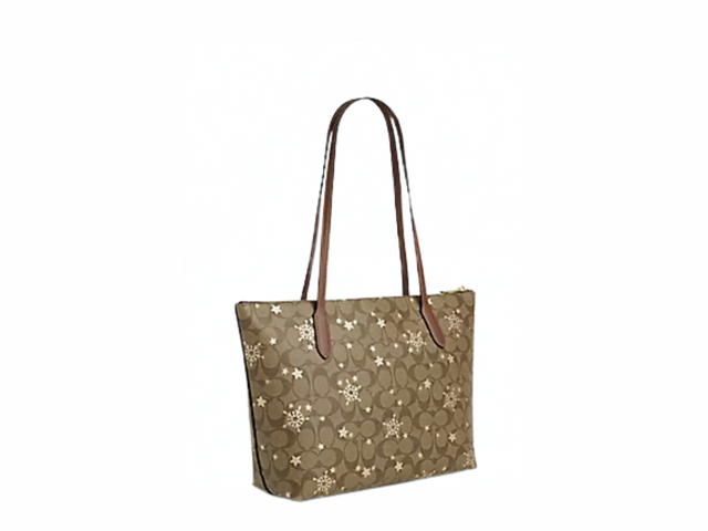 Coach Coach Zip Top Tote In Signature Canvas With Star And Snowflake Print Khaki Saddle Gold Multi - view 2